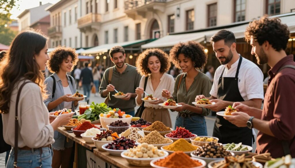 A vibrant street market scene in an iconic city, showcasing hidden culinary gems. The foreground features an array of colorful, artisanal foods: fresh produce, exotic spices, and handcrafted delicacies displayed on rustic wooden tables. In the middle, a small group of diverse food enthusiasts, dressed in casual yet chic attire, sample dishes and engage with local chefs, their faces expressing delight. The background features charming architecture, with warm afternoon sunlight casting a golden glow, highlighting the atmosphere of discovery and excitement. Capture the scene with a shallow depth of field using a 50mm lens for a slightly blurred background, enhancing the focus on the culinary delights and joyful interactions, creating a mood of exploration and culinary adventure.