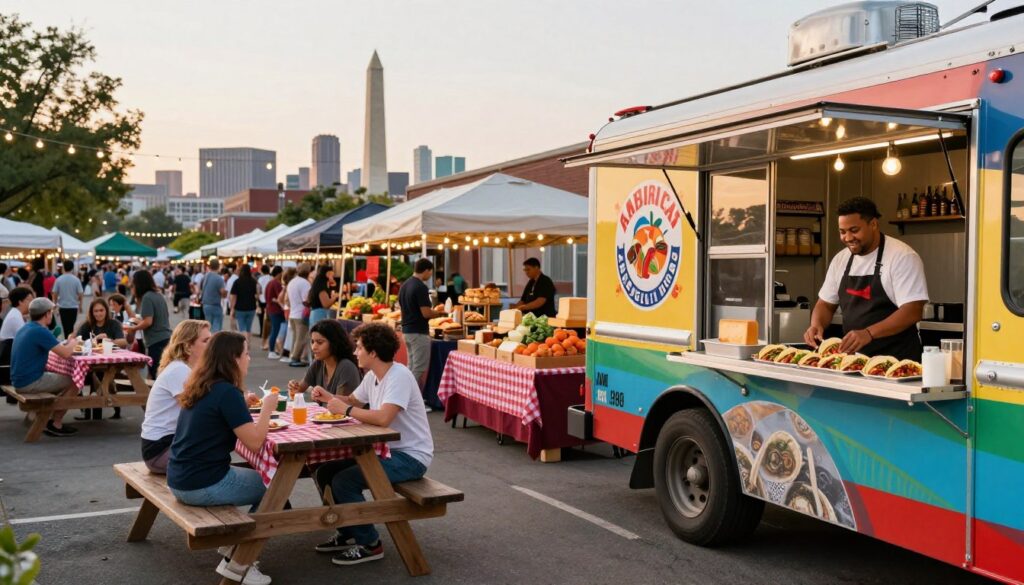 A vibrant street scene showcasing America's diverse food hotspots. In the foreground, a colorful food truck serves gourmet tacos, while a cheerful chef in a neat apron prepares dishes. The middle ground features a bustling outdoor market with stalls offering artisanal cheeses, fresh produce, and mouthwatering baked goods. Diners enjoy their meals at wooden picnic tables adorned with checkered tablecloths under string lights, creating a festive atmosphere. In the background, iconic American landmarks, such as a distant skyline and a famous monument, add depth. The late afternoon sun casts a warm golden hue over the scene, enhancing the sense of community and culinary adventure. The composition should evoke a lively, inviting mood, perfect for food enthusiasts. A vibrant street scene showcasing America's diverse food hotspots. In the foreground, a colorful food truck serves gourmet tacos, while a cheerful chef in a neat apron prepares dishes. The middle ground features a bustling outdoor market with stalls offering artisanal cheeses, fresh produce, and mouthwatering baked goods. Diners enjoy their meals at wooden picnic tables adorned with checkered tablecloths under string lights, creating a festive atmosphere. In the background, iconic American landmarks, such as a distant skyline and a famous monument, add depth. The late afternoon sun casts a warm golden hue over the scene, enhancing the sense of community and culinary adventure. The composition should evoke a lively, inviting mood, perfect for food enthusiasts.