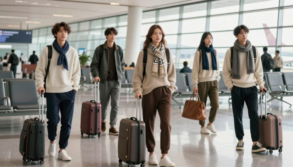 A visually appealing airport scene showcasing curated comfortable yet stylish airport outfits. In the foreground, model individuals dressed in chic, cozy attire such as oversized sweaters, tailored joggers, and sleek sneakers, accessorized with stylish scarves and fashionable carry-on bags. The middle ground includes a well-designed terminal with modern seating and large windows allowing soft, natural light to flood the space, enhancing the cozy atmosphere. In the background, a glimpse of departing flights and travelers creates a lively yet relaxed vibe. Capture the scene from a slightly elevated angle, emphasizing the elegance and comfort of the outfits while maintaining a professional tone. The overall mood is one of effortless travel style, blending functionality with aesthetic appeal, perfect for the stylish traveler embarking on a journey. A visually appealing airport scene showcasing curated comfortable yet stylish airport outfits. In the foreground, model individuals dressed in chic, cozy attire such as oversized sweaters, tailored joggers, and sleek sneakers, accessorized with stylish scarves and fashionable carry-on bags. The middle ground includes a well-designed terminal with modern seating and large windows allowing soft, natural light to flood the space, enhancing the cozy atmosphere. In the background, a glimpse of departing flights and travelers creates a lively yet relaxed vibe. Capture the scene from a slightly elevated angle, emphasizing the elegance and comfort of the outfits while maintaining a professional tone. The overall mood is one of effortless travel style, blending functionality with aesthetic appeal, perfect for the stylish traveler embarking on a journey.