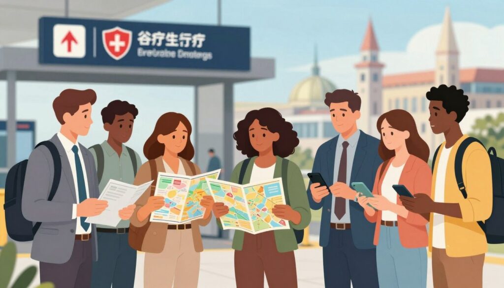 A visually engaging illustration depicting practical safety strategies and emergency actions while traveling. In the foreground, a diverse group of travelers, dressed in professional business attire and modest casual wear, discuss safety strategies with maps and mobile devices in hand. In the middle ground, a security checkpoint at an airport, featuring signage for safety tips and emergency contacts. The background shows iconic landmarks, subtly blurred to emphasize the travelers' focus. The lighting is bright and informative, suggesting midday sun with clear visibility. The mood is proactive and organized, encouraging vigilance and preparedness for travelers in unfamiliar settings, embodying a spirit of caution and awareness.
