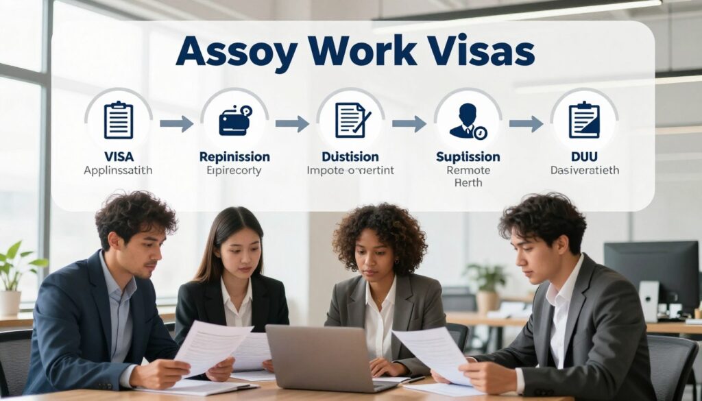 A visually engaging step-by-step guide to obtaining remote work visas, illustrated in a clean, organized infographic style. In the foreground, a diverse group of three professionals, dressed in business attire, are interacting with documents and a laptop, showing collaboration. In the middle, a large, clear flowchart highlights each step of the visa application process with icons symbolizing important elements like documentation, submission, and approval. The background features a modern office space with a large window letting in soft, natural light, and a calm atmosphere. Use a slightly top-down angle to convey a sense of guidance. The overall mood is informative, professional, and encouraging for aspiring remote workers. A visually engaging step-by-step guide to obtaining remote work visas, illustrated in a clean, organized infographic style. In the foreground, a diverse group of three professionals, dressed in business attire, are interacting with documents and a laptop, showing collaboration. In the middle, a large, clear flowchart highlights each step of the visa application process with icons symbolizing important elements like documentation, submission, and approval. The background features a modern office space with a large window letting in soft, natural light, and a calm atmosphere. Use a slightly top-down angle to convey a sense of guidance. The overall mood is informative, professional, and encouraging for aspiring remote workers.