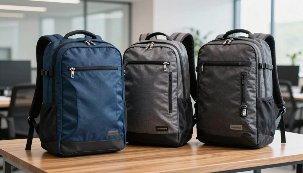 A visually striking composition featuring several anti-theft travel backpacks from different brands arranged on a wooden table, showcasing a variety of security features such as hidden zippers, lockable compartments, and RFID-blocking pockets. In the foreground, a close-up view of a unique locking mechanism is highlighted. In the middle ground, contrasting colors and styles of the backpacks are displayed side by side to emphasize their differences, with a backdrop of a softly blurred modern office interior bathed in natural light. The atmosphere is professional and inviting, suggesting a focus on innovation and practicality. The angle is slightly elevated to capture all the details, while maintaining a sharp focus on the backpacks, creating a sense of comparison and analysis.