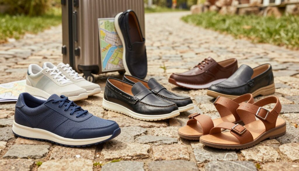 A well-composed image showcasing a stylish assortment of travel shoes designed for comfort and durability. In the foreground, a variety of shoes, including sneakers, loafers, and sandals, are displayed on a textured travel-themed backdrop, emphasizing their different styles and features. The mid-ground features a travel scene with a small suitcase and a map, suggesting adventure. In the background, a soft-focus outdoor setting hints at various terrains, such as cobblestones and grassy paths, illustrating the shoes' versatility. Utilize warm, natural lighting to create an inviting atmosphere, with a slight angle to capture depth. The overall mood should convey a sense of exploration and the importance of choosing the right footwear for travel comfort.
