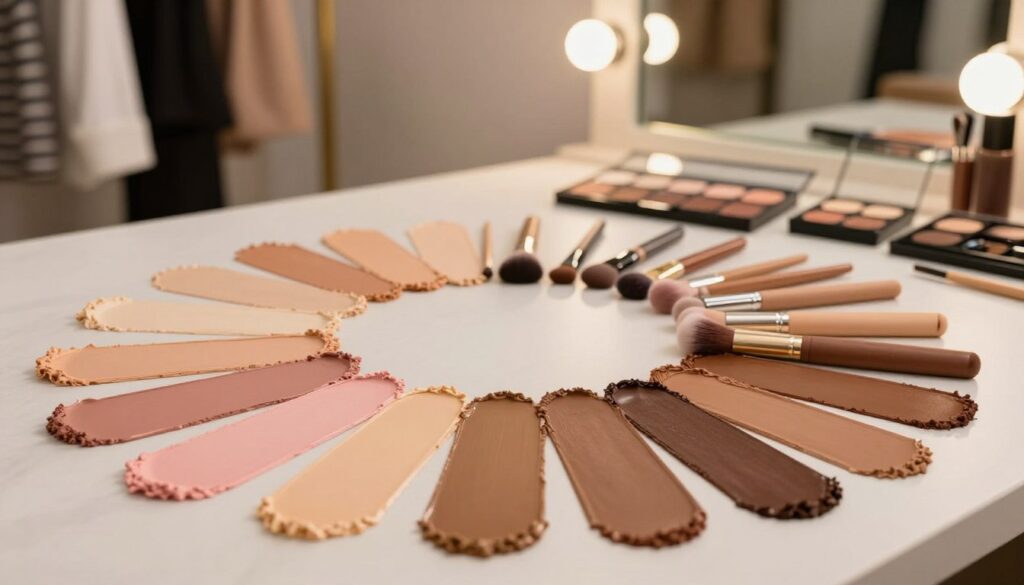 A well-designed color palette showcasing different skin undertones, arranged artistically in a circular format. The foreground features smooth swatches of various colors, like warm beige, cool pink, golden olive, and deep chocolate, representing diverse skin tones. In the middle ground, a neutral-toned table displays makeup tools like brushes and palettes, designed neatly to enhance the organization of color swatches. The background is softly blurred, hinting at a chic dressing room with stylish garment racks and a large mirror reflecting warm, diffused lighting that creates an inviting atmosphere. The mood is professional yet creative, emphasizing the importance of finding personal colors for outfits. Use a shallow depth of field to focus sharply on the palette. A well-designed color palette showcasing different skin undertones, arranged artistically in a circular format. The foreground features smooth swatches of various colors, like warm beige, cool pink, golden olive, and deep chocolate, representing diverse skin tones. In the middle ground, a neutral-toned table displays makeup tools like brushes and palettes, designed neatly to enhance the organization of color swatches. The background is softly blurred, hinting at a chic dressing room with stylish garment racks and a large mirror reflecting warm, diffused lighting that creates an inviting atmosphere. The mood is professional yet creative, emphasizing the importance of finding personal colors for outfits. Use a shallow depth of field to focus sharply on the palette.