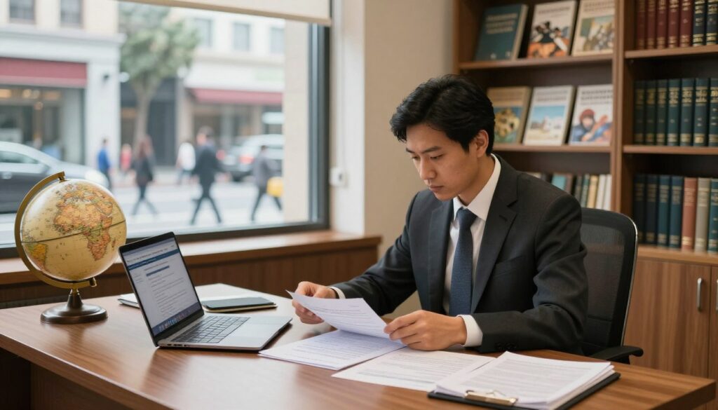 A well-lit embassy office with a large wooden desk in the foreground, featuring a focused professional in business attire, examining legal documents and visa forms. On the desk, a laptop displays the embassy's website, and a globe sits nearby, symbolizing international travel. In the middle ground, an open window reveals a view of a busy street, with people walking and cars passing, conveying a sense of dynamic activity. The background features shelves filled with travel guides and legal books, creating an atmosphere of study and diligence. Soft, warm lighting from an overhead fixture adds a welcoming but serious tone, while a slight depth of field effect blurs the background slightly, ensuring the professional and their work are the focal points. A well-lit embassy office with a large wooden desk in the foreground, featuring a focused professional in business attire, examining legal documents and visa forms. On the desk, a laptop displays the embassy's website, and a globe sits nearby, symbolizing international travel. In the middle ground, an open window reveals a view of a busy street, with people walking and cars passing, conveying a sense of dynamic activity. The background features shelves filled with travel guides and legal books, creating an atmosphere of study and diligence. Soft, warm lighting from an overhead fixture adds a welcoming but serious tone, while a slight depth of field effect blurs the background slightly, ensuring the professional and their work are the focal points.