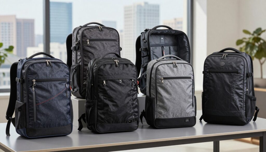 A well-organized display of top-rated anti-theft backpacks arranged on a sleek, modern table. In the foreground, feature four distinct backpack models showcasing their unique features: hidden zippers, cut-resistant straps, and integrated USB charging ports. In the middle ground, some backpacks are partially unzipped to reveal their spacious interiors, emphasizing security and organization. The background displays a stylish cityscape through a large window, suggesting a travel theme. Use soft, natural lighting that enhances the textures of the materials, with a shallow depth of field to focus on the backpacks while gently blurring the background. The mood is sophisticated and professional, capturing the essence of modern travel safety. No added text or watermarks.