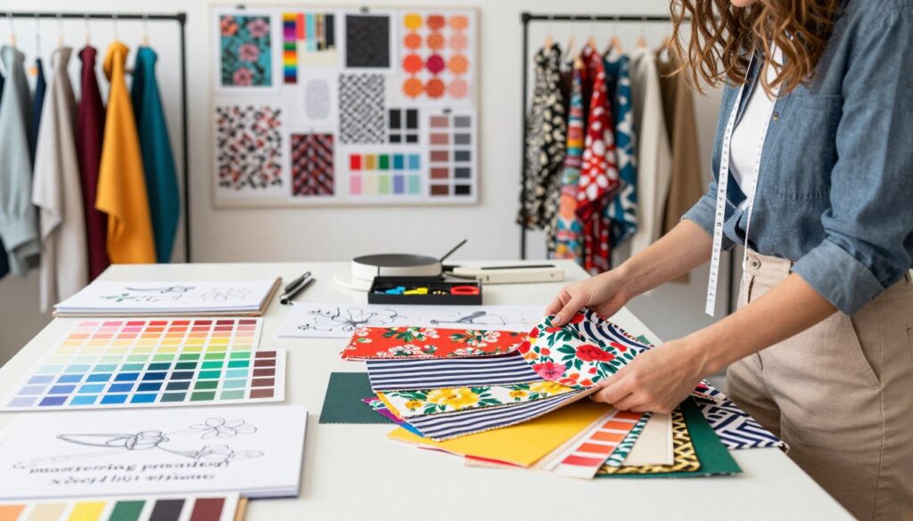 A well-organized fashion studio scene focused on "mastering print mixing color scale." In the foreground, a professional fashion designer, dressed in smart casual attire, is meticulously arranging vibrant fabric swatches of various prints, including florals, stripes, and geometric patterns. In the middle ground, a large table is covered with color swatches, tools, and sketchbooks filled with designs. The background features an array of mood boards with mixed prints, adorned with colorful fabrics hanging from a clothes rack. The lighting is bright and inviting, enhancing the colors' vibrancy, with soft shadows for depth. The overall atmosphere conveys creativity, skill, and confidence in print mixing techniques. A well-organized fashion studio scene focused on "mastering print mixing color scale." In the foreground, a professional fashion designer, dressed in smart casual attire, is meticulously arranging vibrant fabric swatches of various prints, including florals, stripes, and geometric patterns. In the middle ground, a large table is covered with color swatches, tools, and sketchbooks filled with designs. The background features an array of mood boards with mixed prints, adorned with colorful fabrics hanging from a clothes rack. The lighting is bright and inviting, enhancing the colors' vibrancy, with soft shadows for depth. The overall atmosphere conveys creativity, skill, and confidence in print mixing techniques.