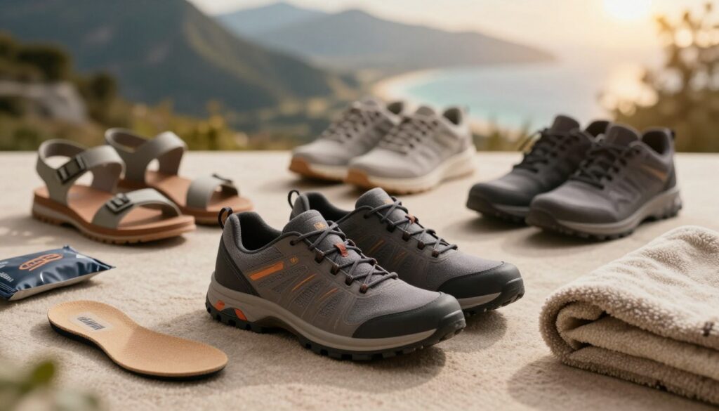 A well-organized flat lay of essential travel shoes arranged on a soft, textured surface. In the foreground, focus on a pair of stylish, supportive walking shoes, showcasing cushioned soles and ergonomic design, along with travel accessories like insoles, a small care kit, and a soft, folded travel blanket. In the middle ground, include a subtle gradient of travel footwear options—sandals, sneakers, and boots, representing different environments. In the background, faintly blurring a picturesque travel scene, such as a breathtaking mountain view or a serene beach, to evoke a sense of wanderlust. The lighting is warm and inviting, creating a cozy atmosphere, with a slight overhead glow to enhance the shoe details. The composition encourages a mood of comfort and readiness for adventure, underscoring the importance of foot support while traveling. A well-organized flat lay of essential travel shoes arranged on a soft, textured surface. In the foreground, focus on a pair of stylish, supportive walking shoes, showcasing cushioned soles and ergonomic design, along with travel accessories like insoles, a small care kit, and a soft, folded travel blanket. In the middle ground, include a subtle gradient of travel footwear options—sandals, sneakers, and boots, representing different environments. In the background, faintly blurring a picturesque travel scene, such as a breathtaking mountain view or a serene beach, to evoke a sense of wanderlust. The lighting is warm and inviting, creating a cozy atmosphere, with a slight overhead glow to enhance the shoe details. The composition encourages a mood of comfort and readiness for adventure, underscoring the importance of foot support while traveling.