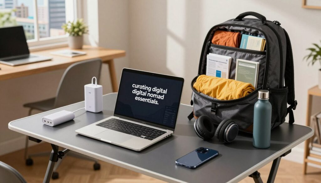 A well-organized travel setup illustrating "curating digital nomad essentials." In the foreground, display a stylish laptop on a trendy folding desk, alongside essential gadgets like a portable charger, headphones, and a sleek smartphone. The middle ground features an aesthetically arranged backpack opened to showcase neatly packed clothing, travel documents, and a reusable water bottle. A cozy workspace area is subtly integrated, illuminated by warm natural light streaming in through a nearby window. The background should include a lively cityscape visible through the window, conveying a sense of adventure and freedom. Capture the scene from a slightly elevated angle to highlight the organization and essentials, evoking a mood of efficiency and wanderlust, perfect for aspiring digital nomads. A well-organized travel setup illustrating "curating digital nomad essentials." In the foreground, display a stylish laptop on a trendy folding desk, alongside essential gadgets like a portable charger, headphones, and a sleek smartphone. The middle ground features an aesthetically arranged backpack opened to showcase neatly packed clothing, travel documents, and a reusable water bottle. A cozy workspace area is subtly integrated, illuminated by warm natural light streaming in through a nearby window. The background should include a lively cityscape visible through the window, conveying a sense of adventure and freedom. Capture the scene from a slightly elevated angle to highlight the organization and essentials, evoking a mood of efficiency and wanderlust, perfect for aspiring digital nomads.