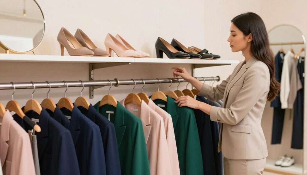 A well-organized wardrobe display showcasing versatile outfit color pairings. In the foreground, neatly arranged clothing items in vibrant hues—such as deep navy, soft blush, and rich emerald—hang on stylish wooden hangers. In the middle ground, a round mirror reflects a harmonious selection of shoes and accessories that complement the clothing, all set against a minimalist, soft pastel backdrop. The lighting is bright and diffused, creating an inviting atmosphere that highlights the textures of the fabrics. A professional model, dressed in a chic business-casual outfit featuring a blended color scheme, is thoughtfully selecting items from the wardrobe, embodying confidence and style. The angle captures the essence of a curated wardrobe while inviting viewers to explore color combinations for their outfits. A well-organized wardrobe display showcasing versatile outfit color pairings. In the foreground, neatly arranged clothing items in vibrant hues—such as deep navy, soft blush, and rich emerald—hang on stylish wooden hangers. In the middle ground, a round mirror reflects a harmonious selection of shoes and accessories that complement the clothing, all set against a minimalist, soft pastel backdrop. The lighting is bright and diffused, creating an inviting atmosphere that highlights the textures of the fabrics. A professional model, dressed in a chic business-casual outfit featuring a blended color scheme, is thoughtfully selecting items from the wardrobe, embodying confidence and style. The angle captures the essence of a curated wardrobe while inviting viewers to explore color combinations for their outfits.