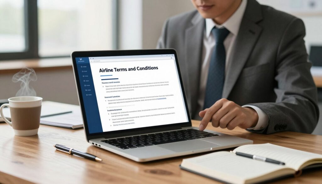 A well-organized workspace featuring an elegant wooden desk with an open laptop displaying a digital document titled "Airline Terms and Conditions." The laptop is centered in the foreground with a soft focus on the screen, emphasizing key points related to upgrading to business class. To the left, a stylish pen and a notepad with scribbled notes rest beside a steaming coffee cup. In the middle ground, a businessman in a tailored suit studies the document intently, his features reflecting concentration and professionalism. The background shows a softly blurred office setting with light streaming through large windows, creating a warm and inviting atmosphere. The image should convey a sense of clarity, focus, and an air of sophistication, ideal for a guide on navigating airline policies. A well-organized workspace featuring an elegant wooden desk with an open laptop displaying a digital document titled "Airline Terms and Conditions." The laptop is centered in the foreground with a soft focus on the screen, emphasizing key points related to upgrading to business class. To the left, a stylish pen and a notepad with scribbled notes rest beside a steaming coffee cup. In the middle ground, a businessman in a tailored suit studies the document intently, his features reflecting concentration and professionalism. The background shows a softly blurred office setting with light streaming through large windows, creating a warm and inviting atmosphere. The image should convey a sense of clarity, focus, and an air of sophistication, ideal for a guide on navigating airline policies.