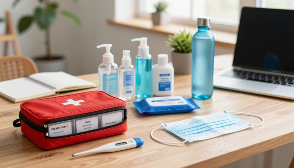 A well-organized workspace showcasing essential health and safety items for digital nomads. In the foreground, a compact first aid kit with clearly labeled compartments, a digital thermometer, and a set of reusable face masks. The middle ground features an array of personal hygiene products, including hand sanitizer, travel-sized disinfectant wipes, and a collapsible water bottle. In the background, a cozy workspace setup includes a laptop, notepad, and a climbing plant, illuminated by soft, natural light streaming in from a window, creating a warm and inviting atmosphere. The image conveys a sense of preparedness and safety, ideal for those on the move. A shallow depth of field focuses on the essentials while softening the background details. A well-organized workspace showcasing essential health and safety items for digital nomads. In the foreground, a compact first aid kit with clearly labeled compartments, a digital thermometer, and a set of reusable face masks. The middle ground features an array of personal hygiene products, including hand sanitizer, travel-sized disinfectant wipes, and a collapsible water bottle. In the background, a cozy workspace setup includes a laptop, notepad, and a climbing plant, illuminated by soft, natural light streaming in from a window, creating a warm and inviting atmosphere. The image conveys a sense of preparedness and safety, ideal for those on the move. A shallow depth of field focuses on the essentials while softening the background details.