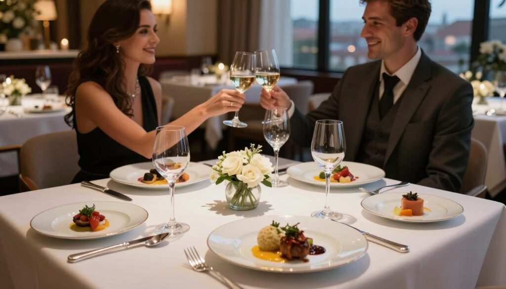 An elegant fine dining table set for a luxurious meal, featuring a pristine white tablecloth adorned with delicate floral centerpieces. In the foreground, intricately plated gourmet dishes artfully arranged on porcelain plates, showcasing vibrant colors and exquisite garnishes. Crystal wine glasses reflect soft candlelight, and polished silverware adds a touch of sophistication. In the middle ground, a well-dressed couple in formal attire toast with glasses, highlighting the shared experience of fine dining. The background reveals a tastefully decorated restaurant with warm, ambient lighting and a view of a picturesque cityscape through large windows. The atmosphere is intimate and romantic, evoking a sense of celebration and elegance. The angle is slightly elevated, capturing the table arrangement and surrounding ambiance with a depth of field that softly blurs the background, enhancing the focus on the dining experience. An elegant fine dining table set for a luxurious meal, featuring a pristine white tablecloth adorned with delicate floral centerpieces. In the foreground, intricately plated gourmet dishes artfully arranged on porcelain plates, showcasing vibrant colors and exquisite garnishes. Crystal wine glasses reflect soft candlelight, and polished silverware adds a touch of sophistication. In the middle ground, a well-dressed couple in formal attire toast with glasses, highlighting the shared experience of fine dining. The background reveals a tastefully decorated restaurant with warm, ambient lighting and a view of a picturesque cityscape through large windows. The atmosphere is intimate and romantic, evoking a sense of celebration and elegance. The angle is slightly elevated, capturing the table arrangement and surrounding ambiance with a depth of field that softly blurs the background, enhancing the focus on the dining experience.